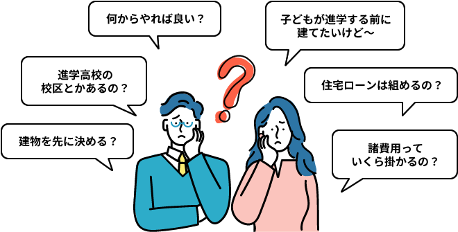 何からやれば良い？建物を先に決める？進学高校の校区とかあるの？子どもが進学する前に建てたいけど～住宅ローンは組めるの？諸費用っていくら掛かるの？